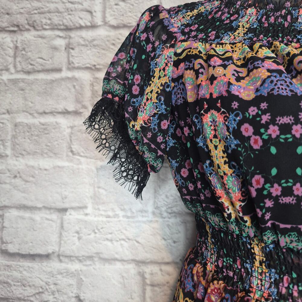 Sui Anna Sui Smocked Boho Peasant Dress Black Lace Multicolor Tribal Print Sz S - Picture 5 of 11